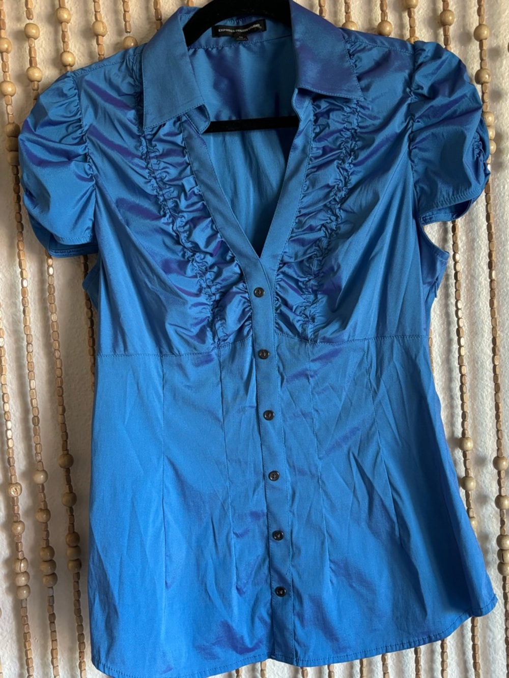 Vintage Y2K Iridescent V Neck Stretch Cap Sleeve Career Fairy Button Down Blouse